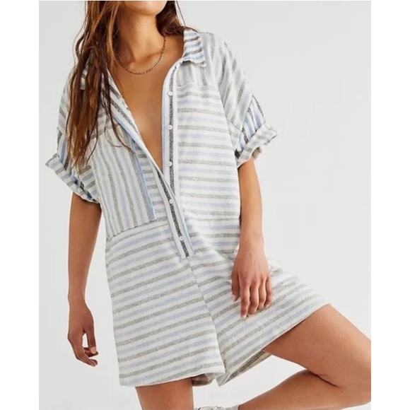 Free People Pants - Free People For the Boys Blue Striped Oversized Knit Short Sleeve Romper Small